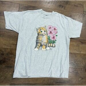 Vintage 90s Kitten Cat Cute Graphic Tee Single Stitch Made In USA XL Grey